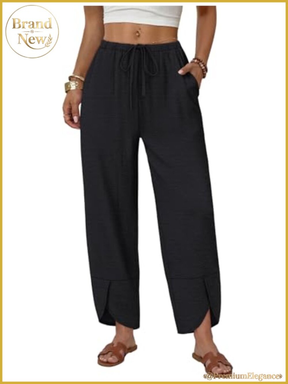 Wide Leg Palazzo Capri Pants Drawstring Elastic Waist Pockets